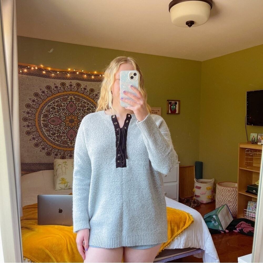 Forever 21 Oversized Lace Up Gray Knit Sweater Thick Warm Size Large